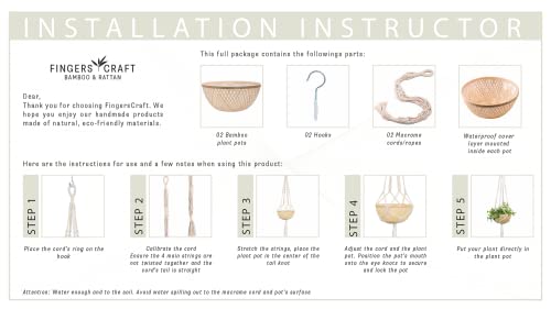 Fingers Craft Hanging Planters, Set Of 2 Combo Macrame Hangers With 10 Inch Handmade Bamboo Pots For Indoor Plants, Wall Hanging Flower Basket, Decorative Holder For Gift Ideas, Natural Look #TOP4