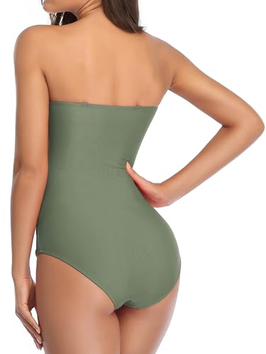 Image of Smismivo Tummy Control Swimwear Strapless One Piece Swimsuit Ruched Bathing Suits for Women Slimming Bandeau Tube Top Bikini