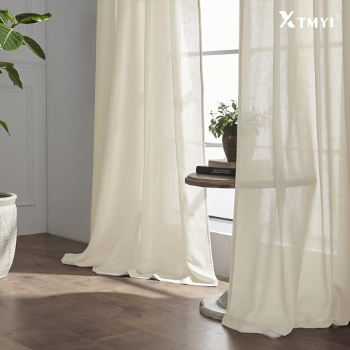 Image of XTMYI 63 Inches Long Beige Country Curtains for Living Room,Sheer Linen Curtains for Bedroom