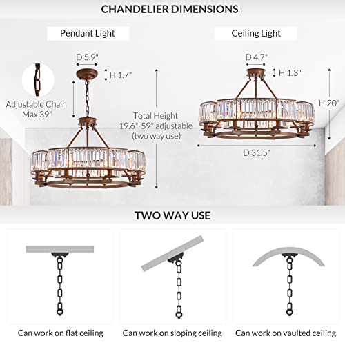 Noxarte Round Crystal Chandelier Vintage Flush Mount Ceiling Light Brown Hanging Pendant Lighting For Farmhouse Dining Room 8 Lights D32 Inch #TOP1