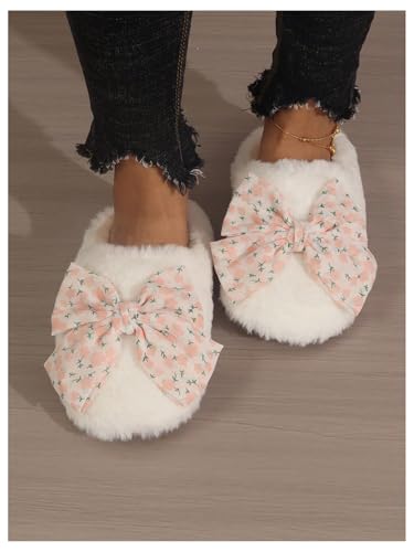 OYOANGLE Women's Floral Print Bow Decor Round Toe Faux Fur Slippers Comfortable Fuzzy Warm Slippers3