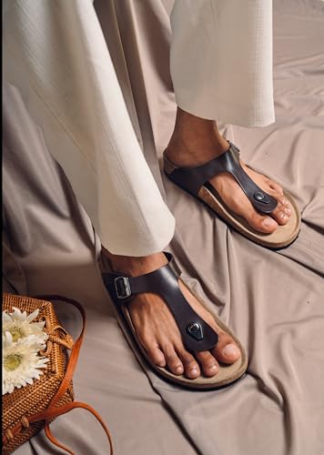 Image of HF JOURNEY Nivera 2.0 Men's Cork Footbed Thong Sandal,Slip On Entry,(Size 41-46) BlackPU, Casual Lounging Slipper, EVA Sole, Flat Heel,Nivera 2.0 - Black (41)