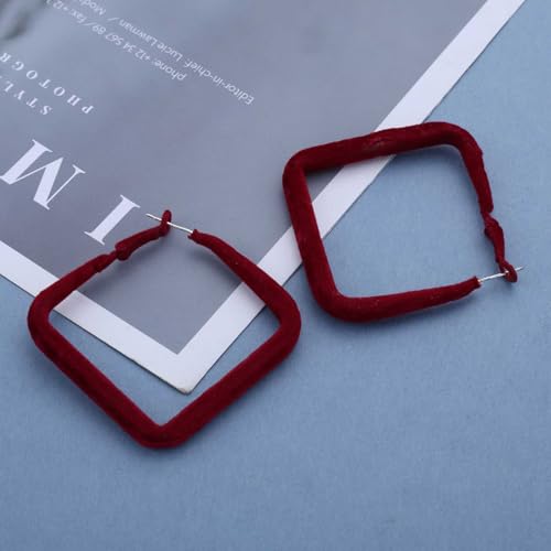 Vintage Red Velvet Hoop Earrings Dark Burgundy Square Earrings Hollow Dark Red Frosted Earrings Geometric Square Dangle Earrings Jewelry for Women3