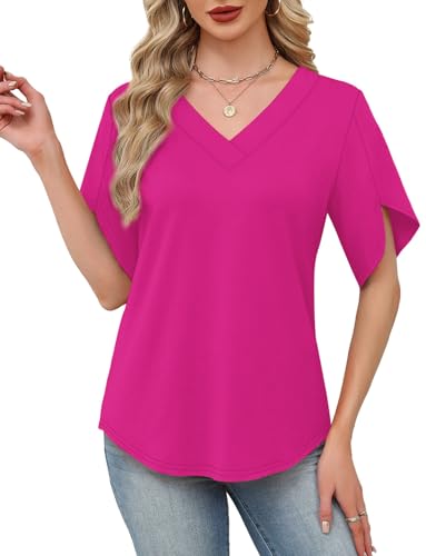 Image of WIHOLL Womens Summer Tops Short Petal Sleeve Shirts Fashion V Neck Womens Clothing
