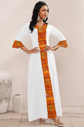 FANDEE Elegant Maxi Long V-Neck Casual Dress for Women, Bell Sleeve African Print Dresses for Cocktail Party（M-3XL）4
