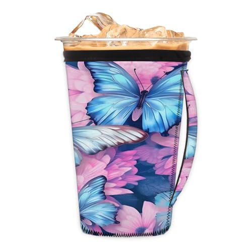 Flower Butterflies Reusable Neoprene Coffee Sleeve with Handle Insulated Iced Coffee Cup Holder Reduces Condensation Fits 24-28 oz Cups M