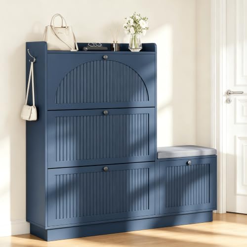 Image of Shoe Storage Cabinet with 4 Flip Drawers, Shoe Organizer Storage with Bench | Shoe Cabinet with Adjustable Shelves, Freestanding Hidden Slim Narrow Shoe Rack Cabinet for Entryway, Hallway