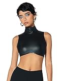Verdusa Women's Mock Neck Sleeveless Slim Fitted PU Leather Tank Crop Top Black M