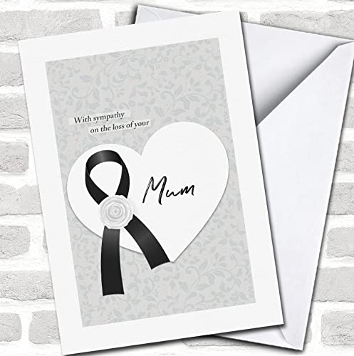 Black Ribbon With White Rose Flower Sympathy Loss Personalized Card |Custom Greetings Card Personalized Holiday Cards, Birthday Cards, Christmas Cards, Lots of Designs| Standard Or Jumbo Large Personalized Card