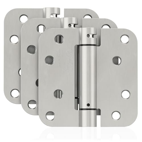 JOYNY 3 Pack Self Closing Door Hinges, 4 Inch Spring Loaded Door Hinges for Garage, Front, Back Door, Left/Right Hand, Adjustable Tension, 5/8'' Radius Corners, UL Listed, Brushed Nickel