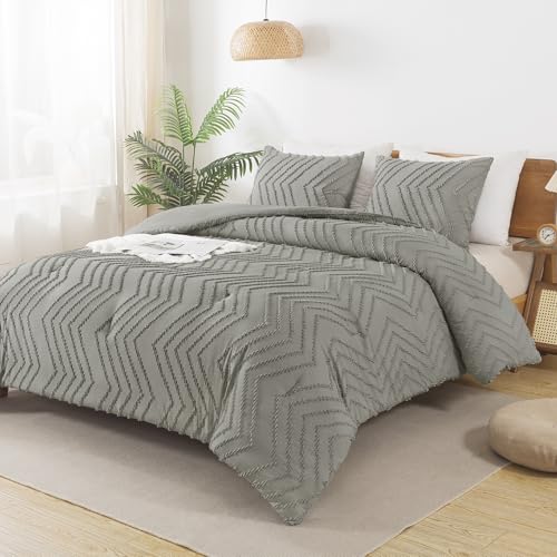 Image of Andency Medium Grey Comforter Set King Size, Boho Soft Warm Tufted Bedding Comforter Sets for King Size Bed, 3 Pieces Aesthetic Chevron Farmhouse Cute Bohemian Textured Bedding Set
