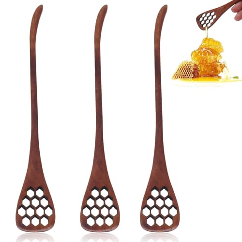 3 palitos de miel de madera, cuchara de miel bonita, cucharones de jarabe de madera pequeños, agitador de mezcla de miel con agujero para mezclar llovizna(marrón)