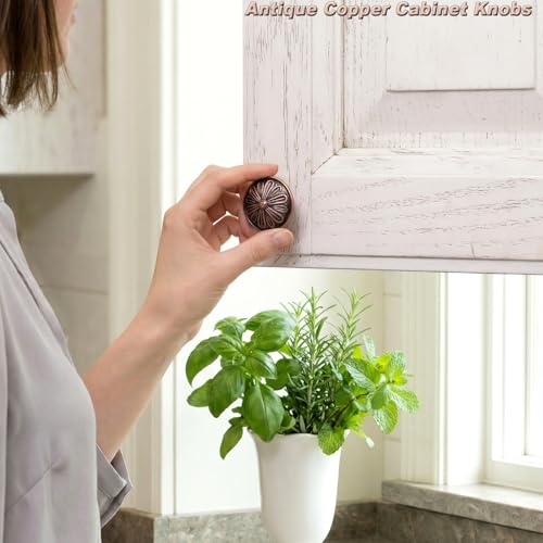 Image of DWYL & LWYD 10 Pack Antique Copper Kitchen Cabinet Knobs -1.4 inch Dia Solid Zinc Alloy Single Hold Knob - Round Vintage Copper Knobs for Cabinets and Drawers,Cabinet Handles Vintage Drawer Pulls