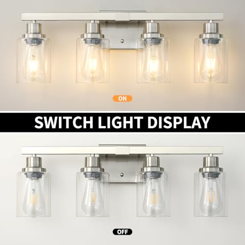 Image of Bathroom Vanity Light, 4-Light Nickel Modern Matte Wall Sconce Lighting with Clear Glass Shade, Wall Lights,Bath Vintage Wall Mounted Lamps for Mirror Bedroom Living Room