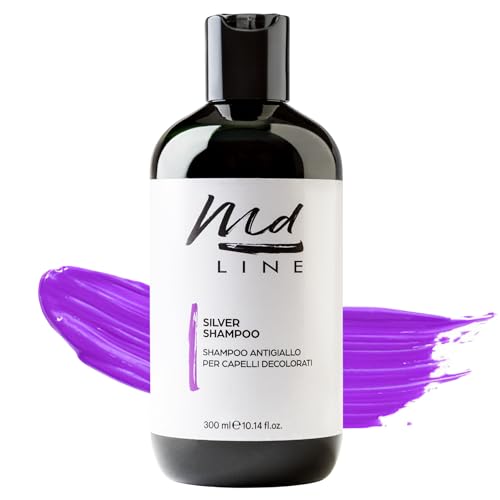 Md LINE Shampooing professionnel violet anti-jaunissement pour cheveux blancs, gris, décolorés et tonifiants, blond froid, shampoing pour homme et femme, sans sulfate, en silicone, 300 ml