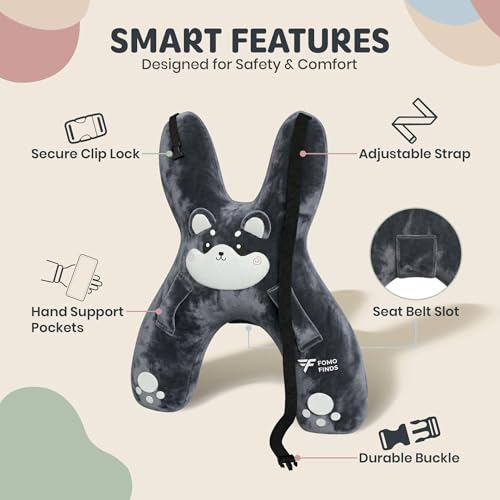 Image of Kids Car Sleeping Pillow, H-Shaped for Neck & Back Support, Grey Dog | Hands & Seat Belt Slot, Machine Washable & Compressible, Perfect for Car, Plane, Train, Boat & More
