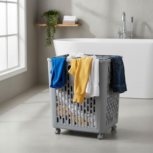 Gdfjiy 60L Collapsible Laundry Baskets, Plastic Laundry Hamper with Handles, Foldable Laundry Bin, Laundry Basket with Wheels for Laundry Room Organization, Ideal for Clothes, Towels, Blanket, Grey by Gdfjiy - Used condition - Image 6