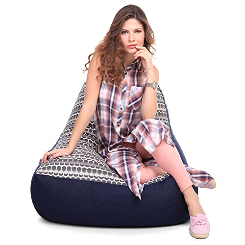 Image of Style Homez Urban Design Denim Canvas Polka Dots Printed Chair Bean Bag XXL Size Filled with Beans Fillers
