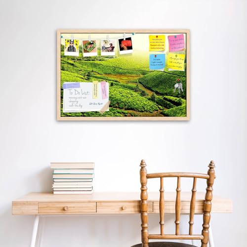Image of ArtzFolio Tea Plantations, Munnar, Kerala | Bulletin Board Notice Pin Board | Vision Soft Board Combo with Thumb Push Pins & Sticky Notes | Natural Brown Frame | 24 x 16 inch (61 x 41 cms)