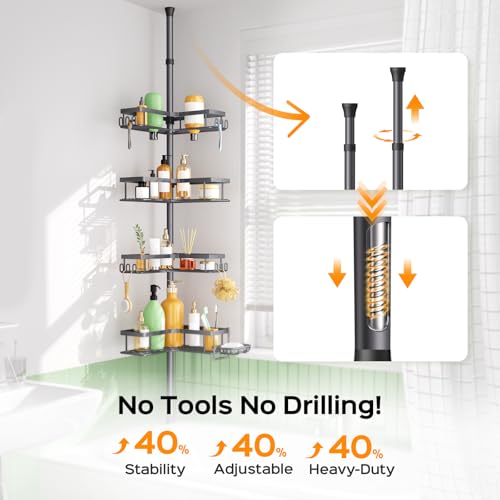 Image of HAMITOR Corner Shower Caddy, 4-Tier Shampoo Shelf Tension Pole, 47-123 inch | Rustproof Bathroom Storage with Soap Holder, No-Drill, Adjustable, Space-Saving Bathtub Organizer For Family, Renters Gray