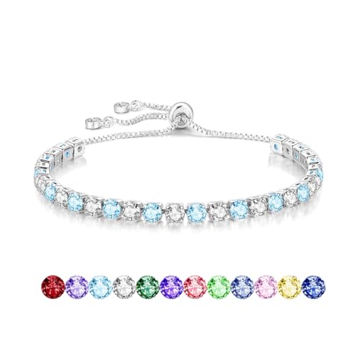 Mieoyue S925 Silver Bracelet for Women Adjustable Slider Crystal Tennis Bracelet Birthstone Jewellery Birthday Gifts (March)