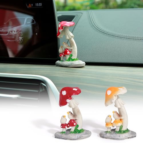 YGMONER 2pcs Mushroom Figurines Car Ornament Dashboard Decor Accessories, Desktop Simulation Plant Knickknack for Car Interior Decoration
