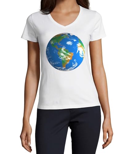 T-shirt blanc col en V femme coton vêtement mode haut imprimé S
