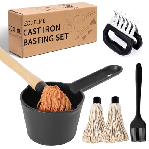 BBQ Mop Brush and Cast Iron Basting Pot - Grilling Tool Set with Basting Brush an Meat Shredder Claws for Meat Smoker Grill and Stove(8pcs)