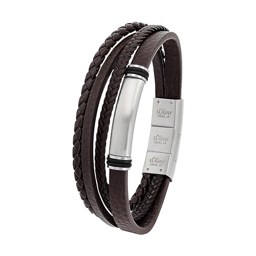s.Oliver Armband für Herren, Gravierbar, Leder / Edelstahl, Braun, Länge: 20-21,5 cm – Ansicht 1