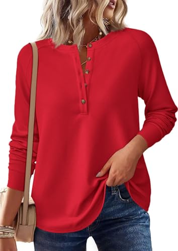 Image of PRETTYGARDEN Women's Long Sleeve Waffle Knit Henley Shirts Loose Tunic Tops