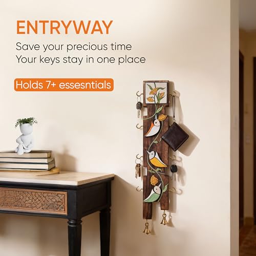 Image of AAKRITI ART CREATIONS Key Holder, Avian Elegance Key Holder | Rustic Wooden Wall Organizer with 8 Hooks | New Home Gifts | Multifunctional Entryway Decor Item