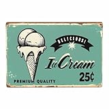 AOYEGO Ice Cream Tin Sign,Sweet Delicious Food Blue Vintage Metal Tin Signs for Cafes Bars Pubs Shop Wall Decorative Funny Retro Signs for Men Women 8x12 Inch