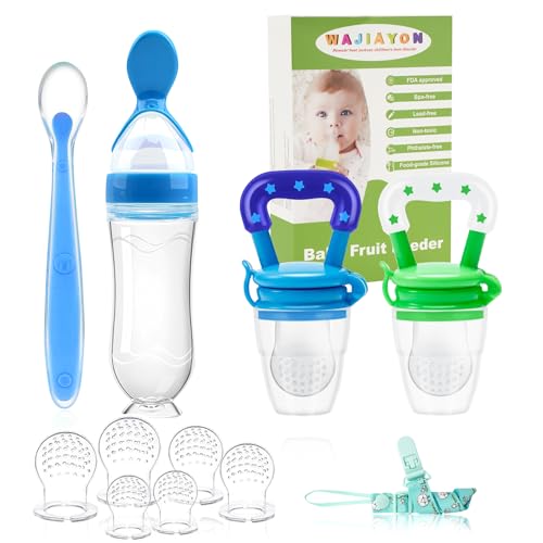 Image of WAJIAYON Baby Fruit Feeder Pacifier - 5 Pack | 2 Baby Food Feeder Pacifier & 1 Infant Food Dispensing Spoon | Fresh Fruit Teethers for Babies | Shower Gifts for Boys and Girls (Blue & Green)