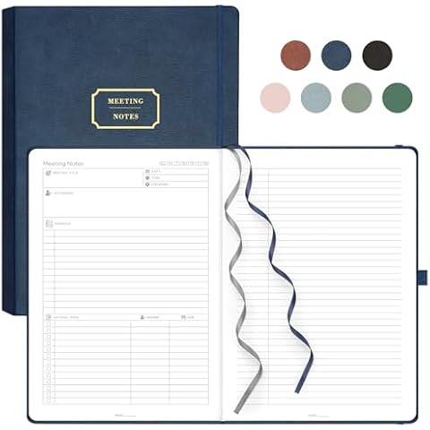 EMSHOI Meeting Notebook for Work with Action Items - 240 Pages A4 Large Project Planner Agenda Organizer Work Notebook for Women Men Office Business Notes, PU Leather Hardcover, 8.5" x 11", Blue Cover