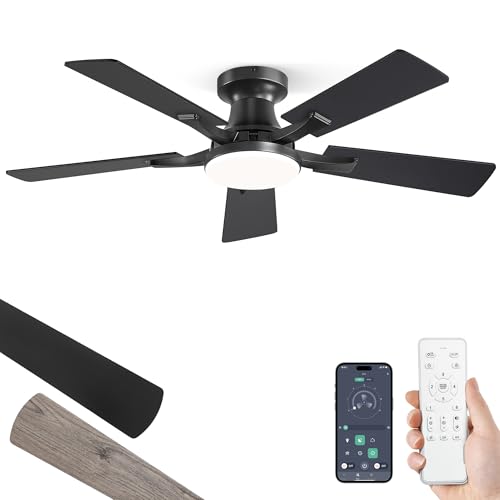 ZMISHIBO 42 Inch Ceiling Fan with Light, App&Remote Control, Flush Mount Low Profile, Dimmable 20W LED Light, Quiet Reversible Motor for Bedroom, Living Room, Apartment, Black