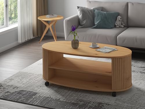SIMMOB Table Basse Ovale, Moderne et Fonctionnelle, chêne, à roulettes ou Pieds vérins, L.120 cm x l.60 cm