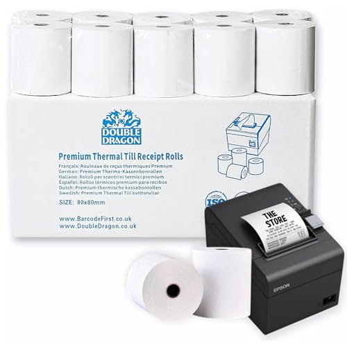 Double Dragon, Rollo de papel térmico premium de 80 x 80 mm para recibos de caja registradora, impresora EPOS, terminal POS [Paquete de 60]