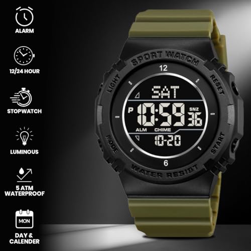 Image of V2A DIGITRON-AXON 2900 Digital Sports Watch for Men | Bold Round Display | Lightweight Waterproof Sports Watch with Alarm, Stopwatch, Backlight, Day & Date | Everyday Active Wear (Green)
