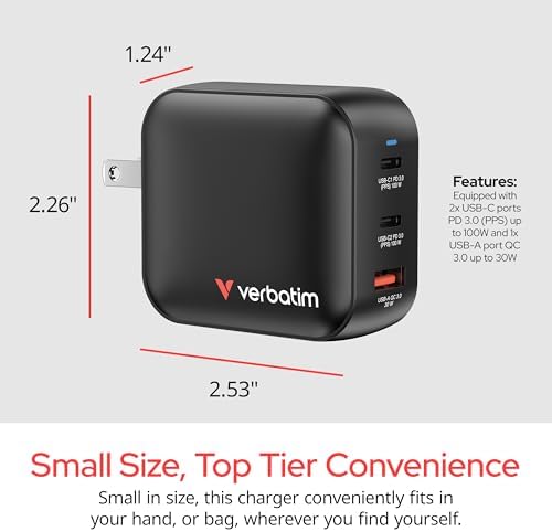 Verbatim Mini GaN Wall Charger 100W 3 Port 2X USB-C Ports PD 3.0 (PPS) up to 100W 1x USB-A Port QC 3.0 up to 30W