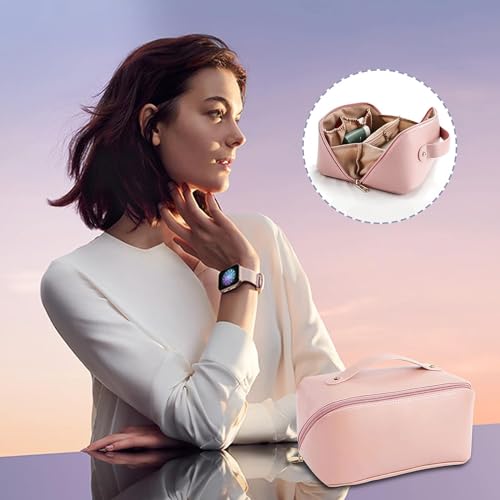 Image of ANGENIL Makeup Pouch Bag, Travel Pouches for Women, Vanity Bag for Women Latest, Cosmetic Organizer, Travel Toiletry Bag, Mini Makeup Bag and Skincare Pouch, Leather Vanity Bag (Pink, Medium)