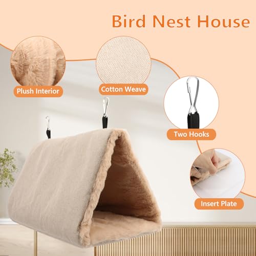 Image of Litewoo Bird Nest Bed for Parrot Warm Winter Hanging Hammock Hut, L, Beige | Soft plush cotton, sleeping hideaway for small-medium bird /parakeet /cockatiel, dual entrance, acrylic base, 11.4x7.5x7.5in