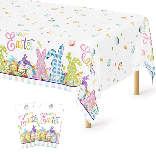 Image of 2 Pack Easter Tablecloth, 54 inch x 108 inch Easter Decorations, Rectangular Spring Tablecloths for Party Supplies, Colorful Eggs Bunny Flower Disposable Plastic Table Cloths for Easter Decorations for Home