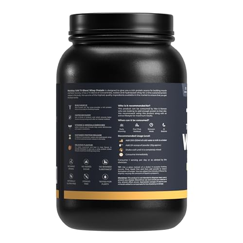 Image of Nutrabay Gold Tri Blend Whey Protein Powder - 1kg, Kesar Badam Pista | 25g Protein, 5.5g BCAA | Concentrate, Isolate, Hydrolyzed Protein | Muscle Growth & Recovery | Gym Supplement for Men & Women