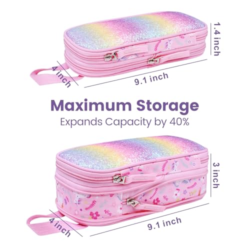 Image of Bagseri Pencil Case for Girls - Expandable Cute Kids Pencil Case | Wide Opening Pencil Pouch Organizer for School Supplies, Cute Kids Pencil Case for Girls, Glitter Pink Unicorn