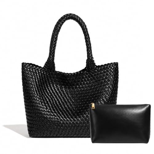 Image of Woven Tote Bag for Women, Large Vegan Leather Tote with Inner Pouch | Soft Woven Texture,Relaxed Style,Shoulder Tote Bag,Unstructured Tote,Casual Woven Handbag,Open Interior,Removable Pouch
