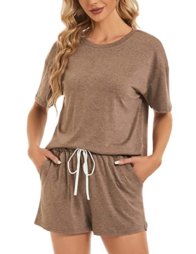 Image of LOCUBE Women's Pajama Set Soft Comfy 2-Piece Short Sleeve Lounge Sleepwear with Drawstring Shorts and Pockets