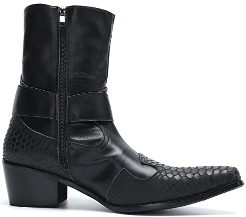 Santimon Men's Genuine Leather Western Cowboy Boots – Dress Casual Mid Top Boots with Belt Buckle Strap & Eagle Metal Emblem for Rodeo, Concert, Party Disco3