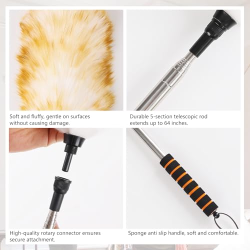 Image of Lambswool Extendable Cleaning Duster 26-64 Inch Two-Pack, Anti-Static Wall Duster Cleaner with Sponge Grip and Stainless Steel Extension Pole for High Ceiling Fan, Interior, and Roof Dusting