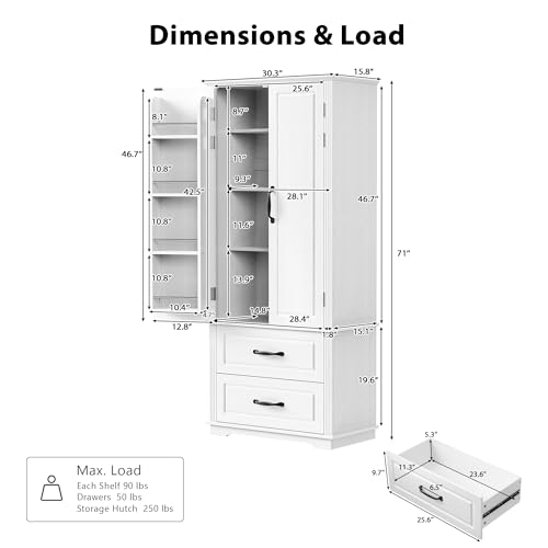Image of Ball & Cast 71″Tall Kitchen Pantry Cabinet with Large Drawers,Versatile Farmhouse Wood Pantry Storage Cabinet w /8 Doors Shelves and Adjustable Shelves for Kitchen,Dining Room,White