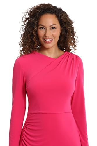 Image of London Times Women's Dresses Draped Neckline Slimming Midi Length Jersey Sheath Dress with